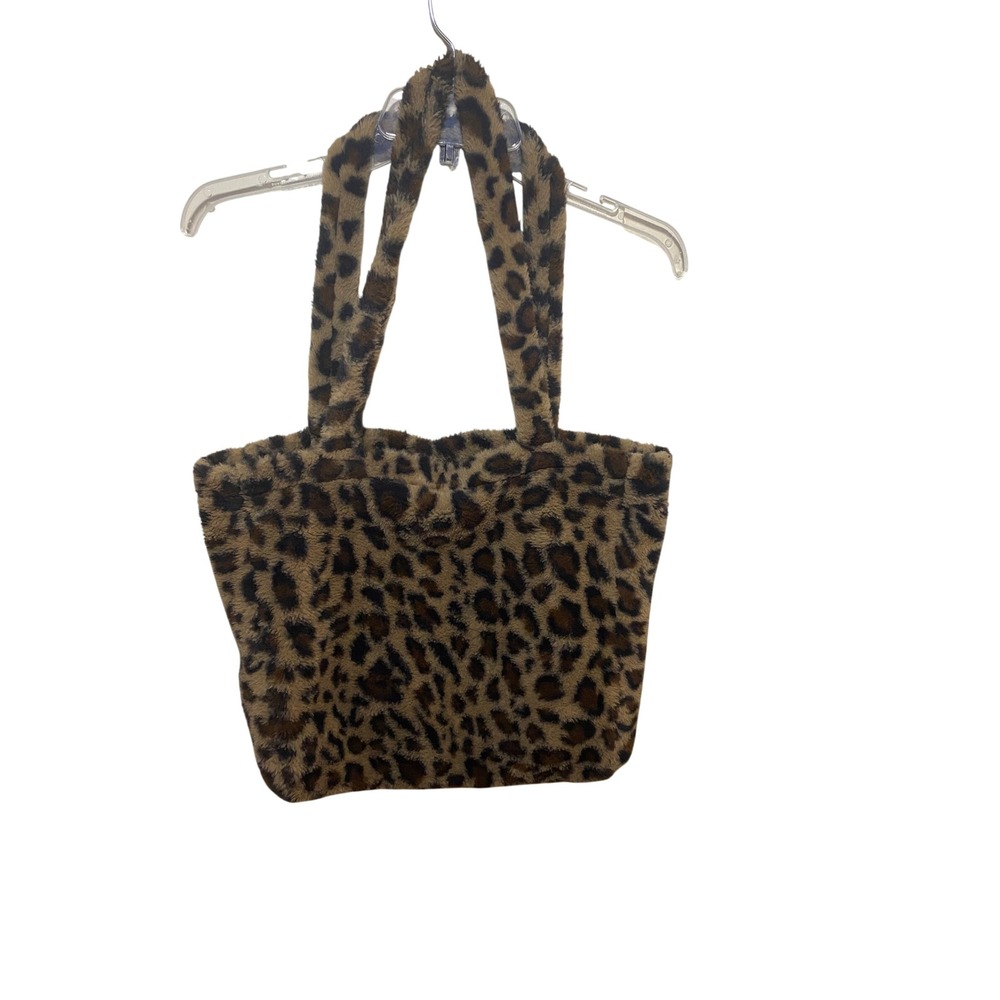 Leopard Print Faux Fur Tote Bag Brown Tan Fuzzy Plush Shoulder Bag